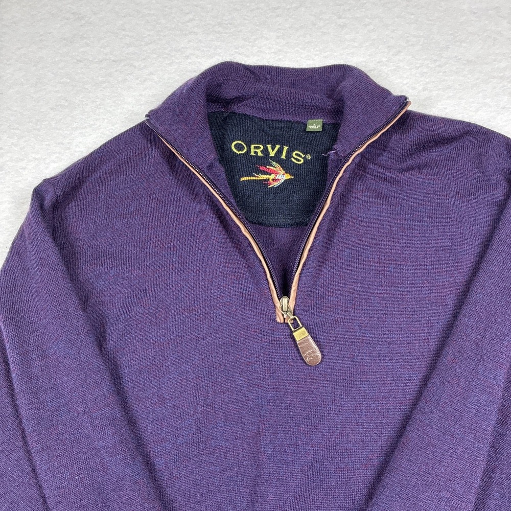 Orvis 1/4 Zip Pullover Sweater Small Purple 100% Wool‎ Leather Zipper Very Soft